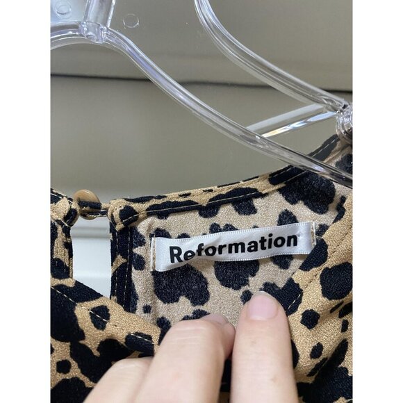 Reformation Port Dress Womens 2 Brown Black Animal Print Long Sleeve Tie Midi - Picture 2 of 5